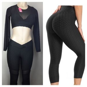 Women Yoga 2 Pc High Waist Leggings Set Honeycomb